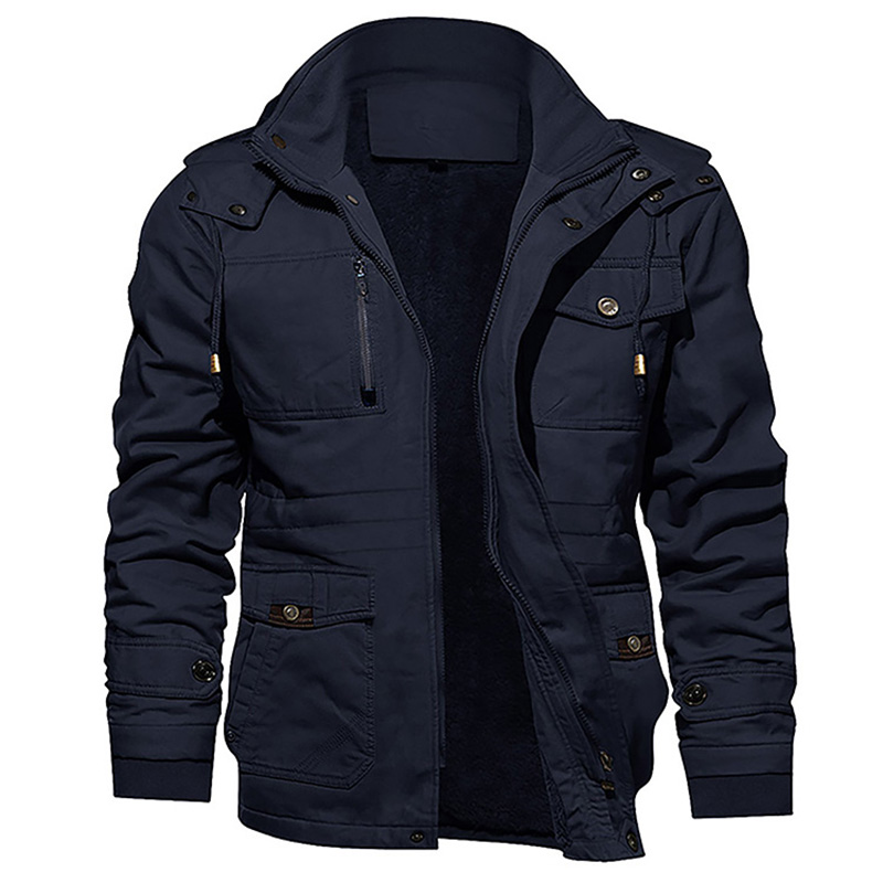 Winter Cutom Fleece Lined Jacket Windbreaket Jacket with Fur Collar for Mens Clothing Ungable Hat